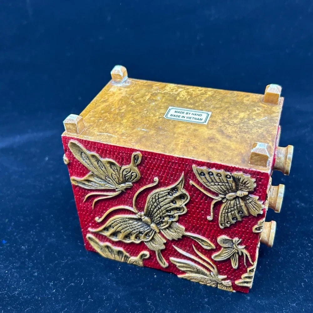 Carved Soapstone Vietnam Handmade Red Carved Butterfly Jewelry Drawer Box